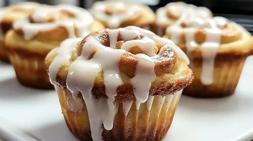 Close-up of cinnamon roll muffins topped with icing on a white plate