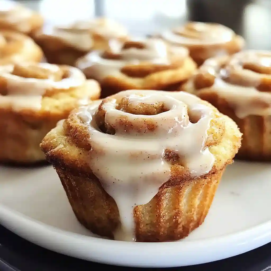 Freshly baked cinnamon roll muffins with icing on a white plate