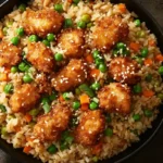 Top-down view of high protein crispy garlic chicken fried rice with peas, carrots, and sesame seeds