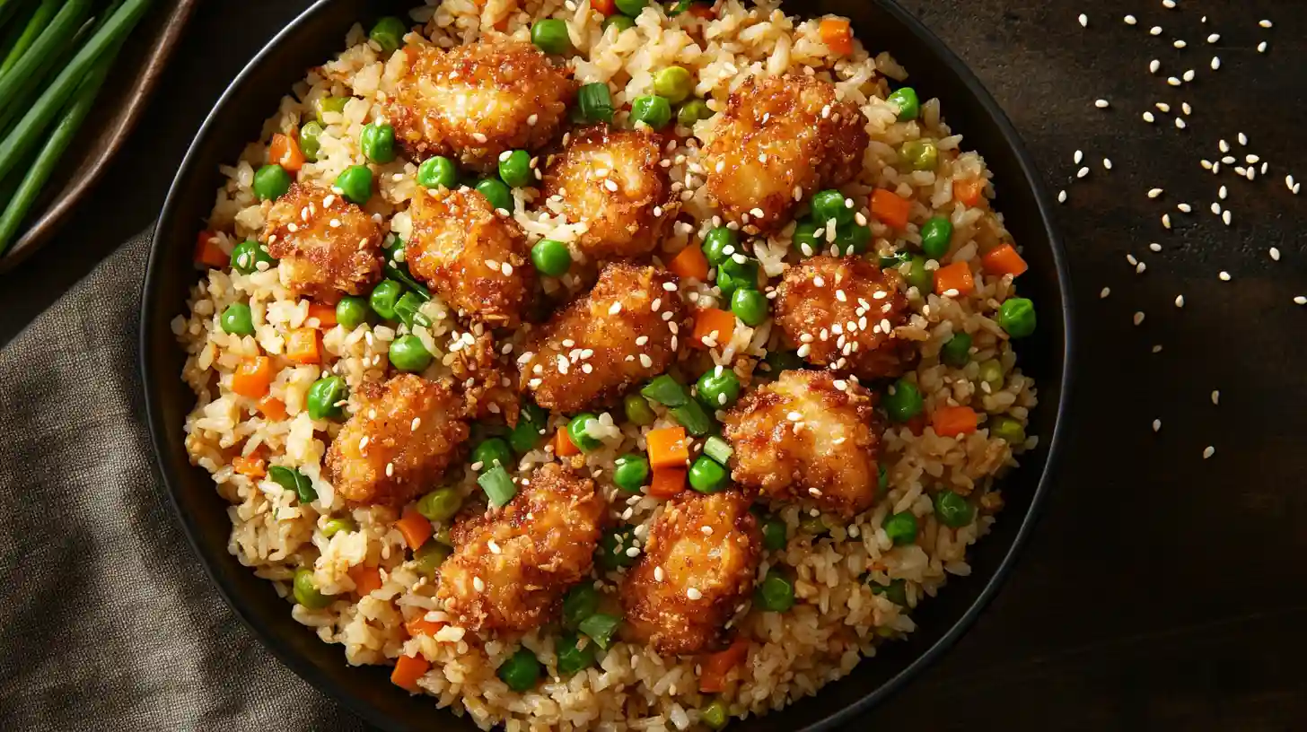 Top-down view of high protein crispy garlic chicken fried rice with peas, carrots, and sesame seeds
