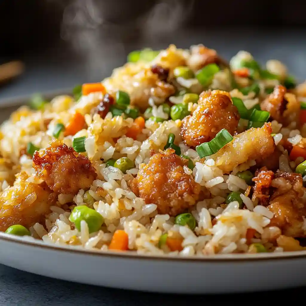 Close-up of crispy garlic chicken fried rice with green onions, peas, and carrots on a plate