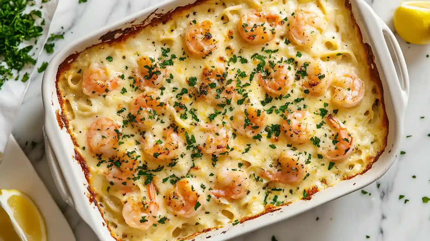 A creamy shrimp scampi pasta bake topped with golden shrimp and fresh parsley in a white ceramic baking dish.