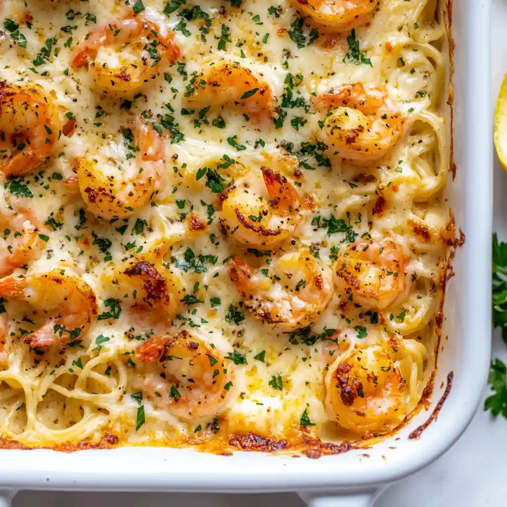 Close-up of a baked shrimp scampi pasta dish with golden shrimp, creamy sauce, and chopped parsley in a white baking dish.