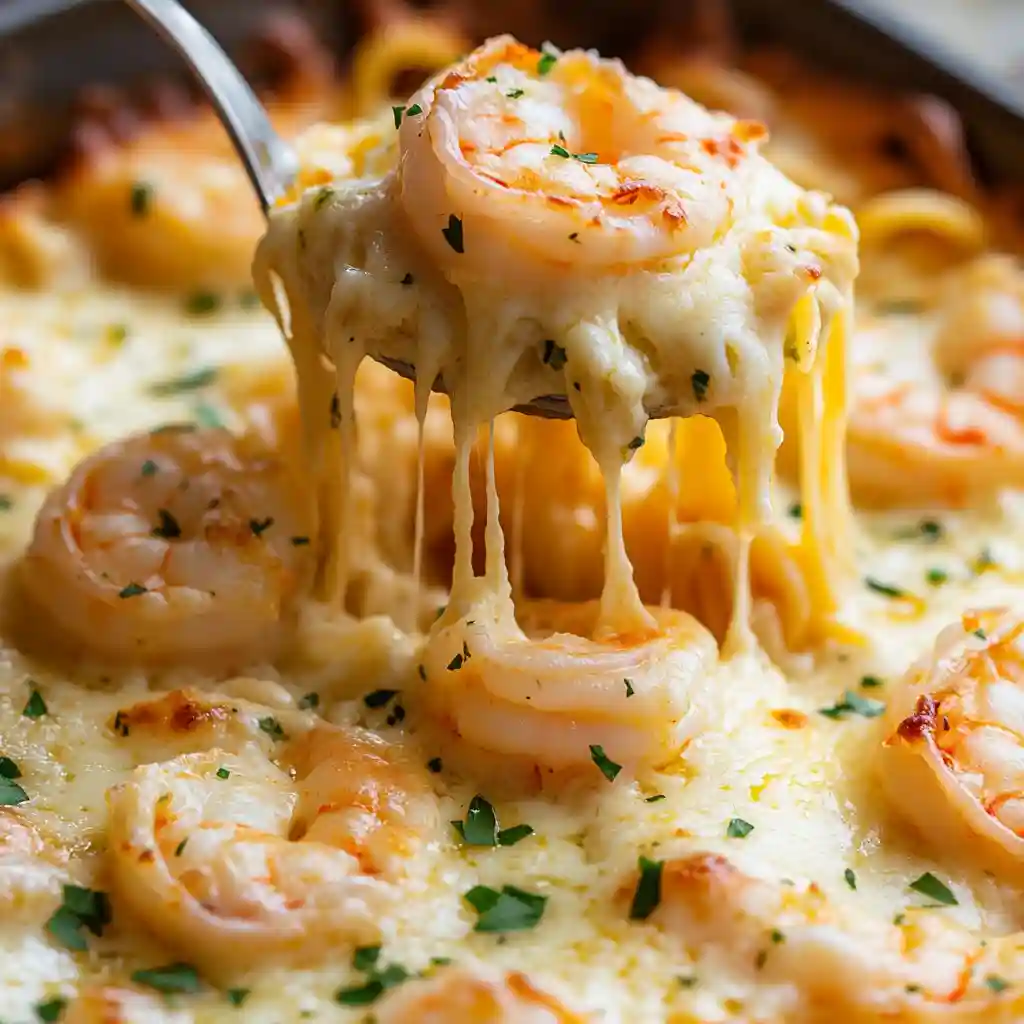 A close-up of a spoon lifting cheesy shrimp scampi pasta with melted mozzarella stretching from the dish.