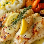 Creamy lemon chicken breasts garnished with lemon wedges and herbs, served with mashed potatoes and roasted vegetables.