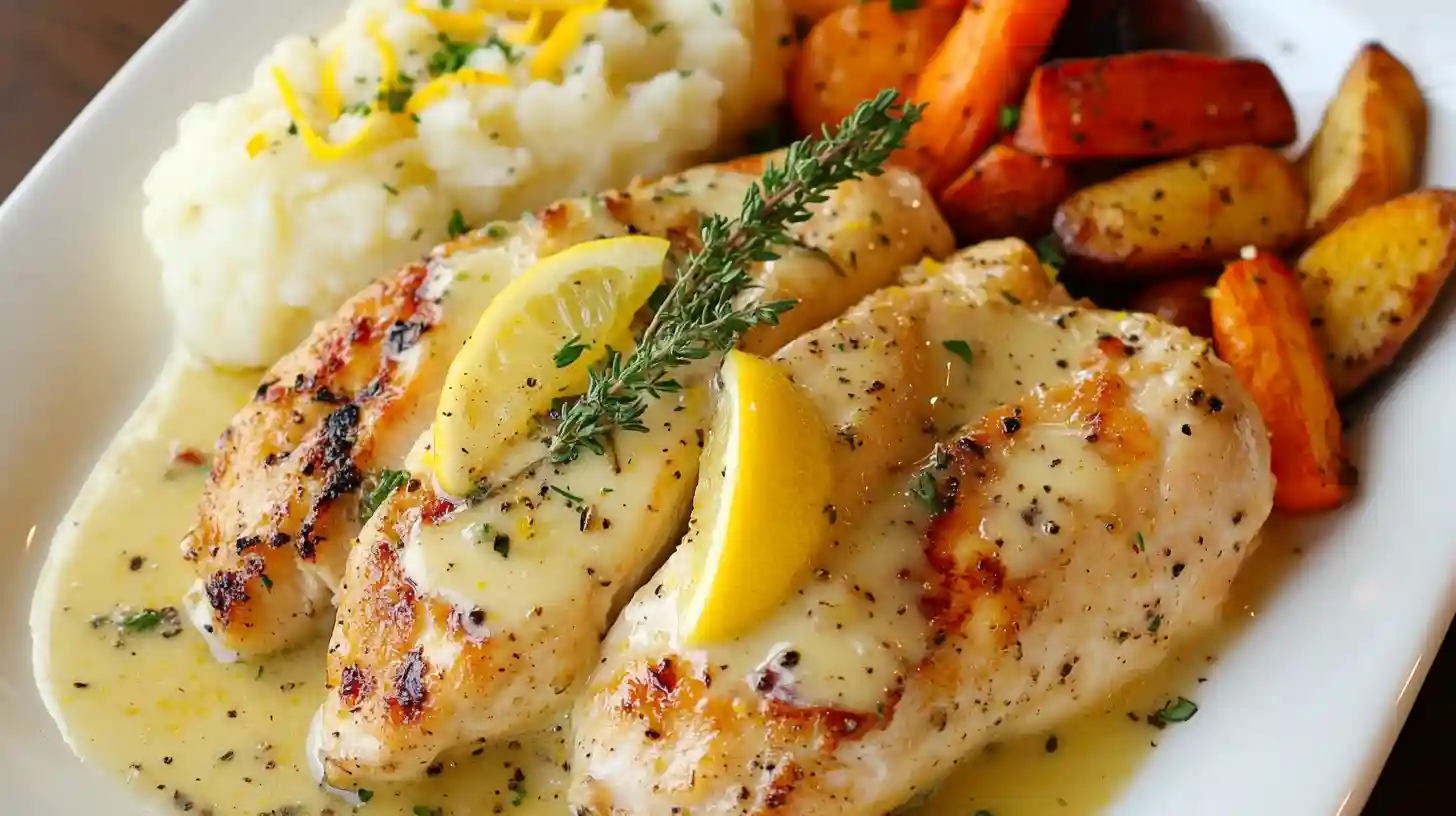 Creamy lemon chicken breasts garnished with lemon wedges and herbs, served with mashed potatoes and roasted vegetables.