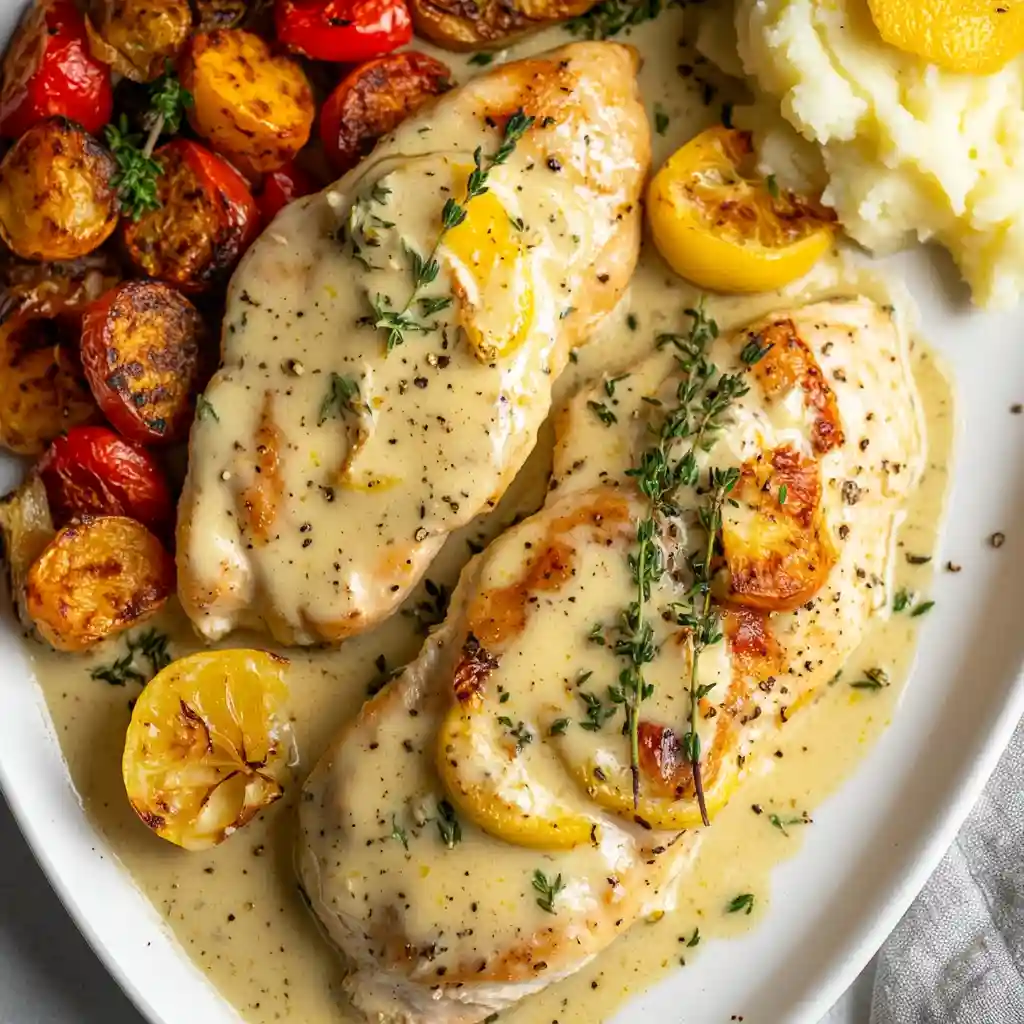 Creamy lemon chicken breasts garnished with thyme, served with roasted vegetables and mashed potatoes.