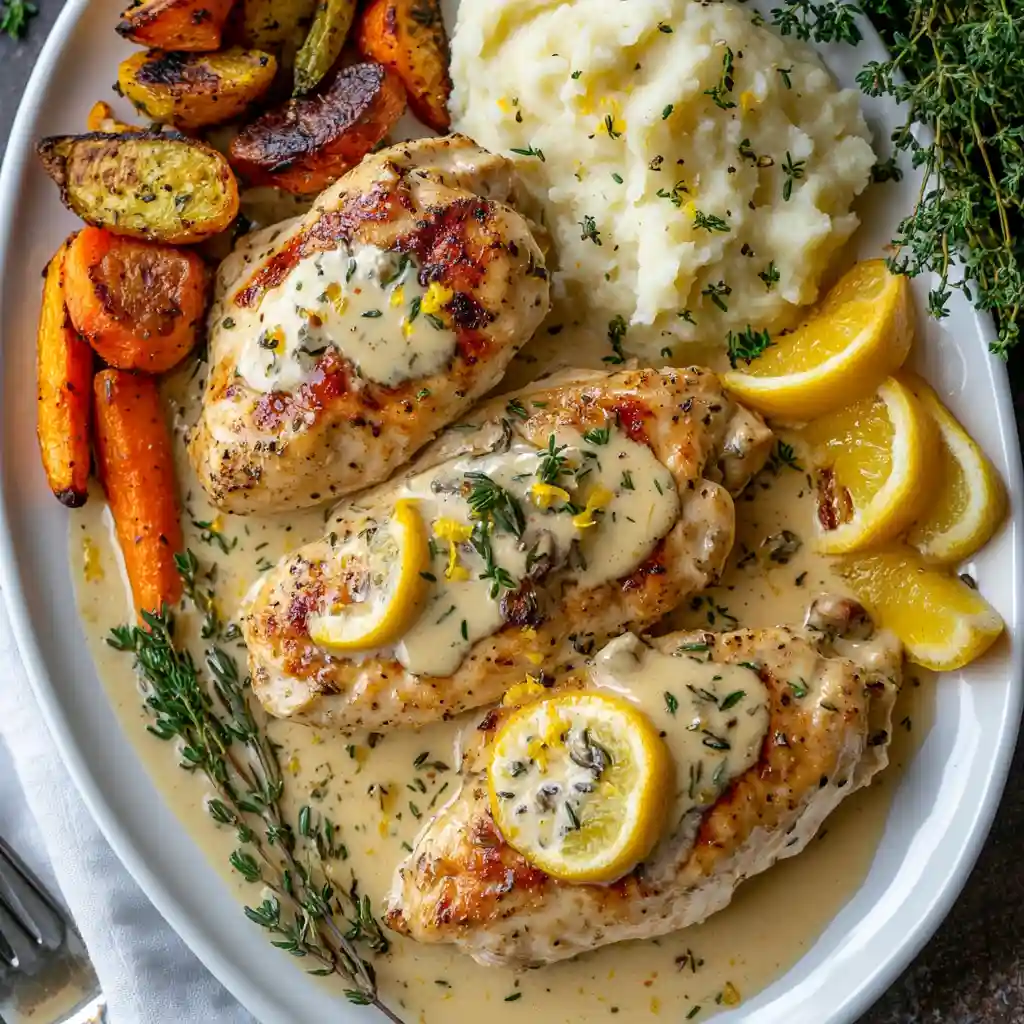 Overhead view of creamy lemon chicken breasts with lemon slices, mashed potatoes, and roasted carrots and potatoes on a white plate.