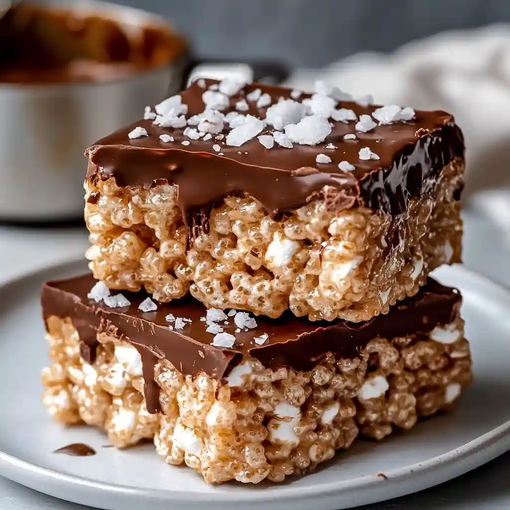 Gooey Rice Krispie Treats topped with chocolate and sea salt