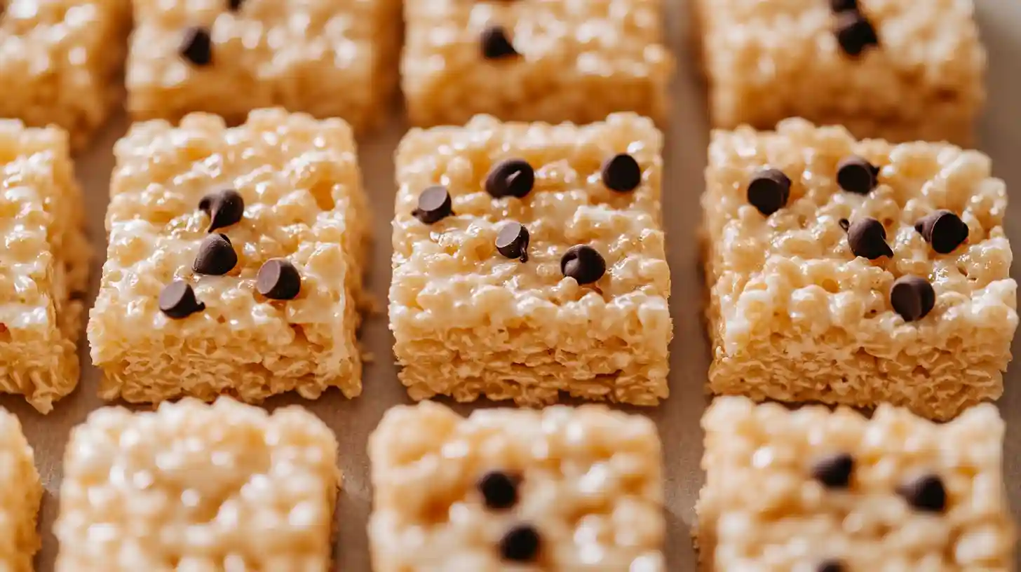 Close-up of Rice Krispie Treats topped with chocolate chips