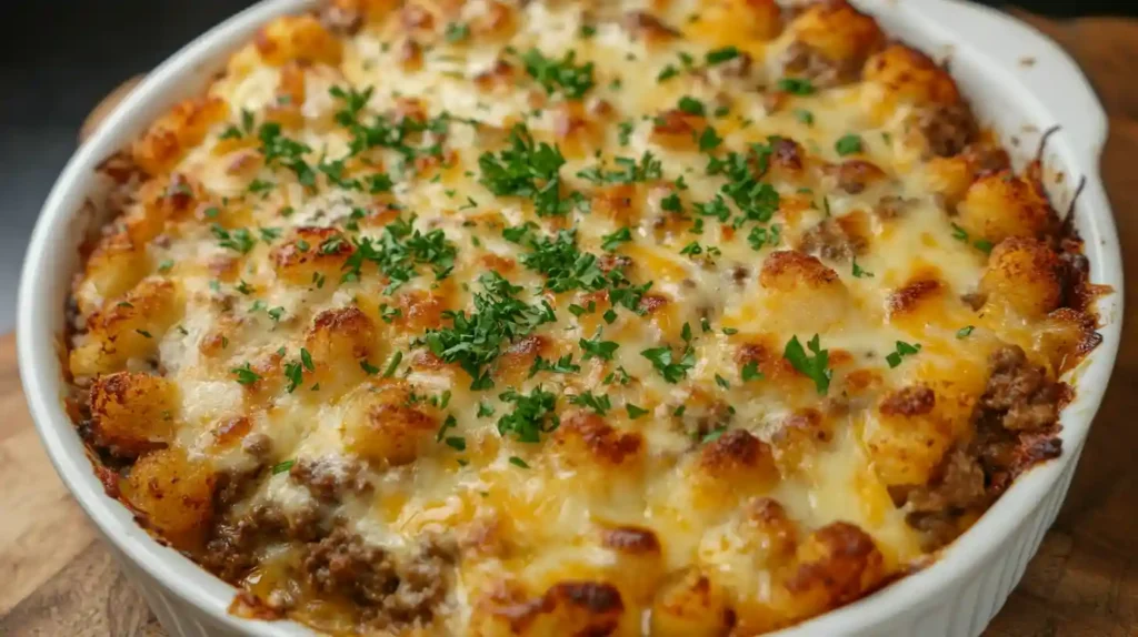 Baked tater tot casserole with melted cheese, ground beef, and fresh parsley in a white baking dish.