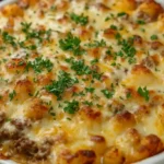 Baked tater tot casserole with melted cheese, ground beef, and fresh parsley in a white baking dish.