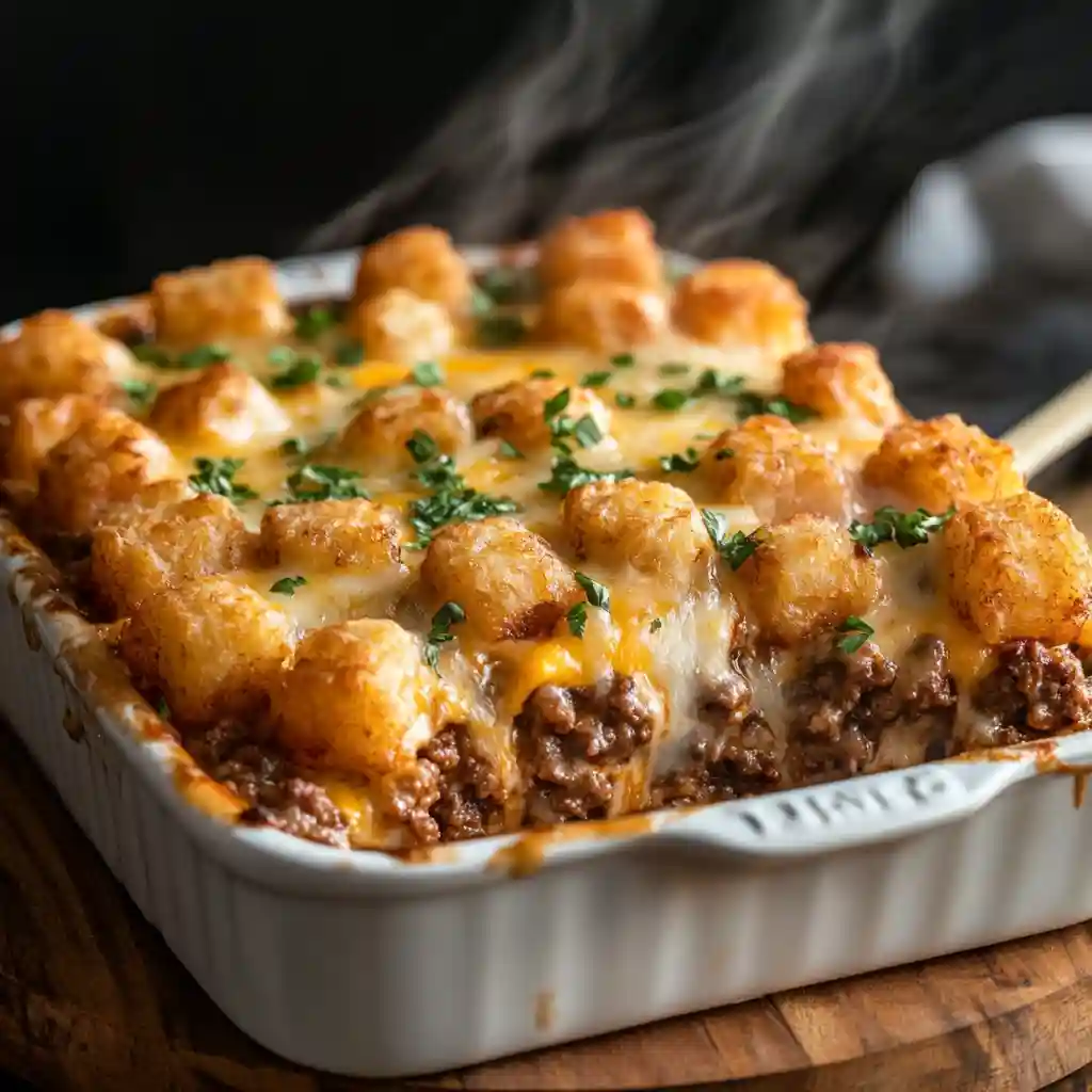 Steaming tater tot casserole with ground beef, melted cheese, and parsley in a white baking dish.