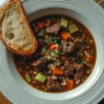 Bowl of beef barley soup with chunks of beef, carrots, celery, and barley, served with a slice of crusty bread.