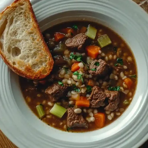 Bowl of beef barley soup with chunks of beef, carrots, celery, and barley, served with a slice of crusty bread.
