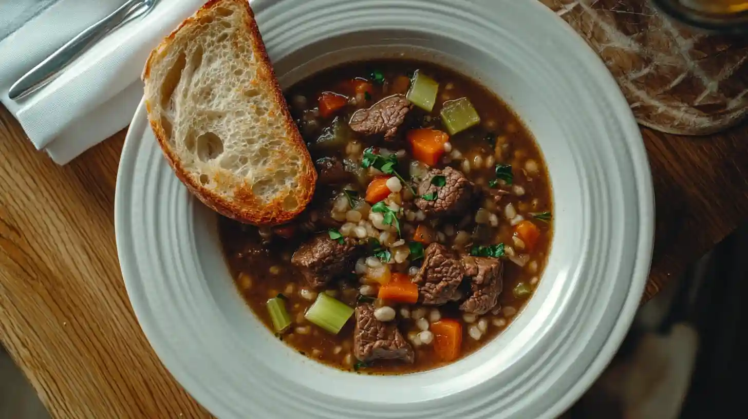Bowl of beef barley soup with chunks of beef, carrots, celery, and barley, served with a slice of crusty bread.