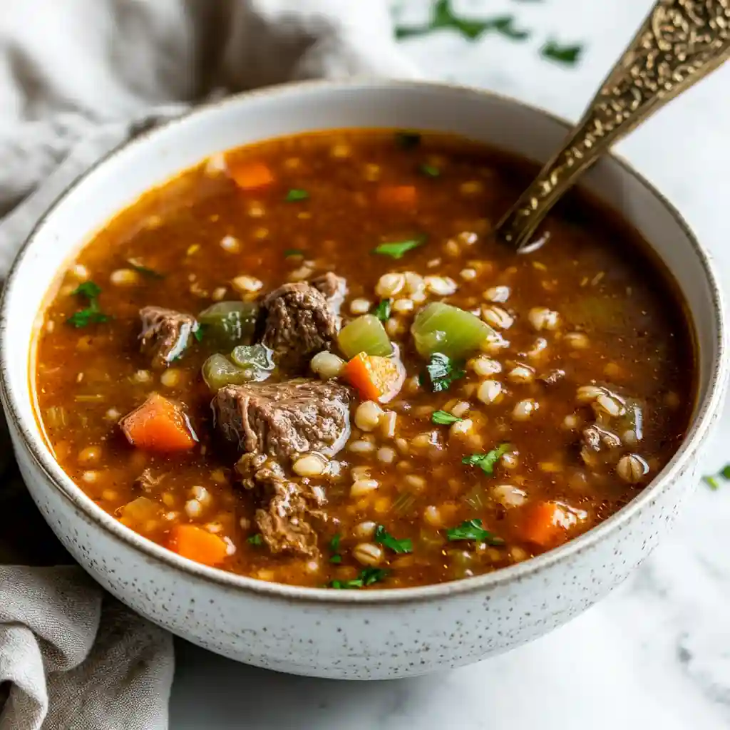 A bowl of beef barley soup with tender beef, carrots, celery, and parsley in a rich broth, served with a decorative spoon.