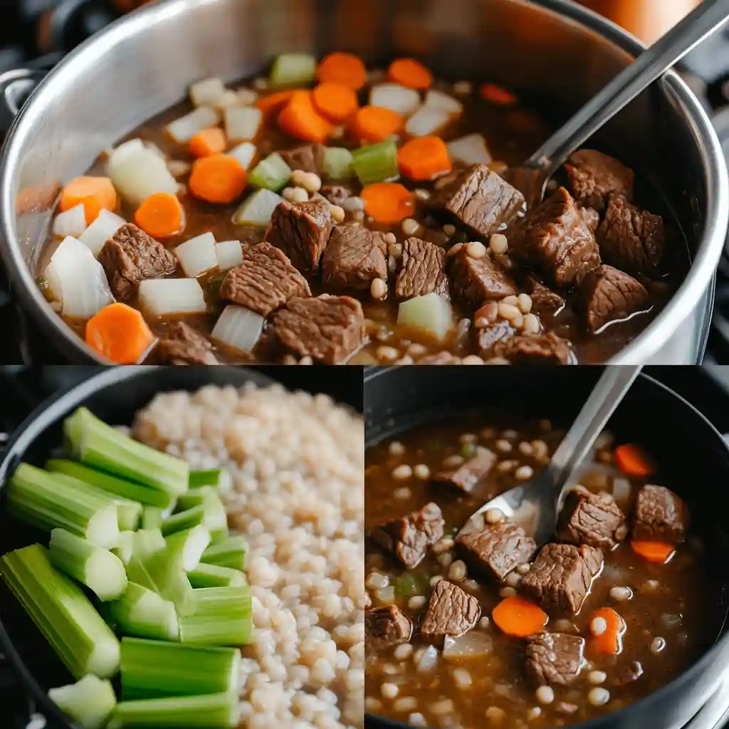 Step-by-step collage showing beef barley soup being cooked with beef, carrots, celery, onions, and barley.