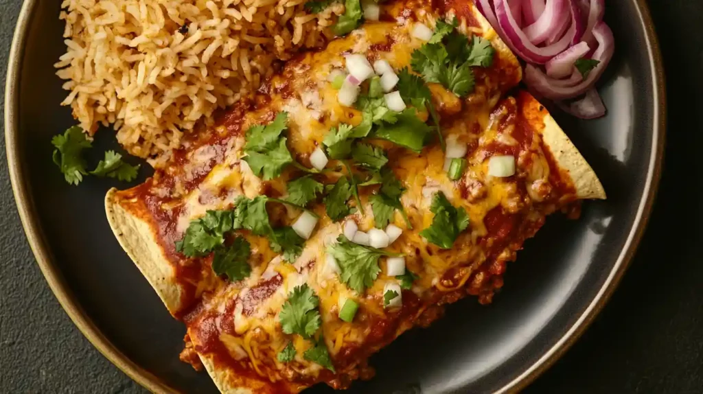 Top-down view of cheesy beef enchiladas garnished with cilantro, served with rice and red onions.