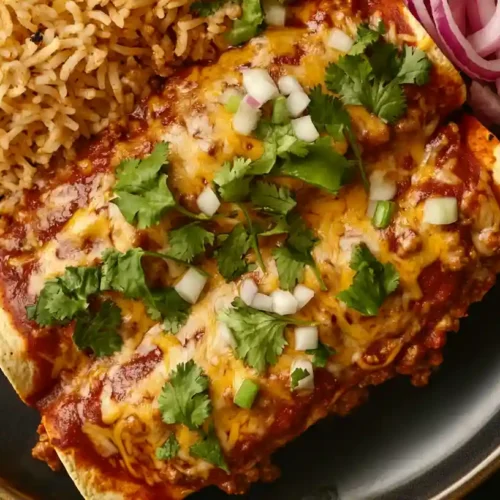 Top-down view of cheesy beef enchiladas garnished with cilantro, served with rice and red onions.