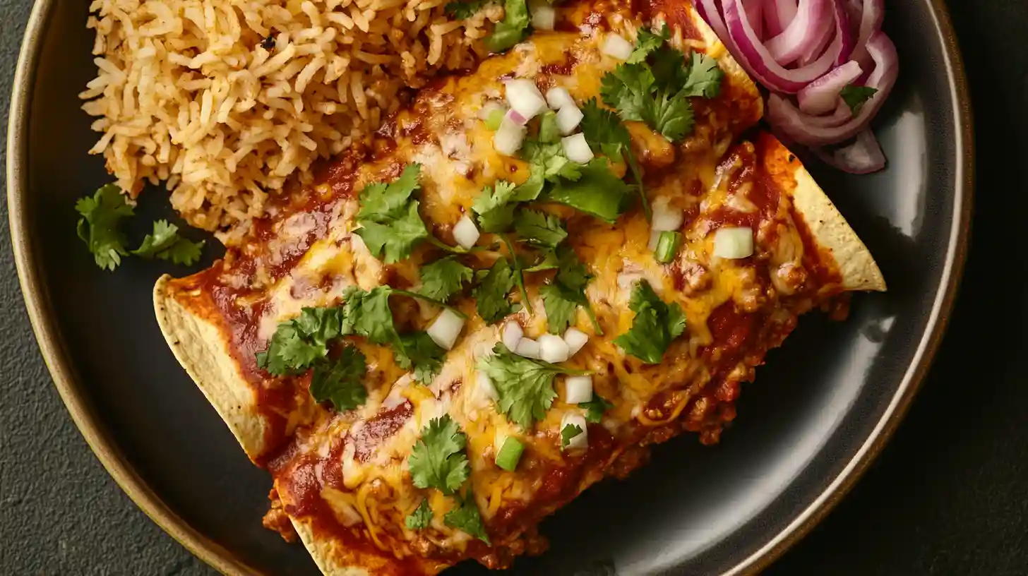 Top-down view of cheesy beef enchiladas garnished with cilantro, served with rice and red onions.