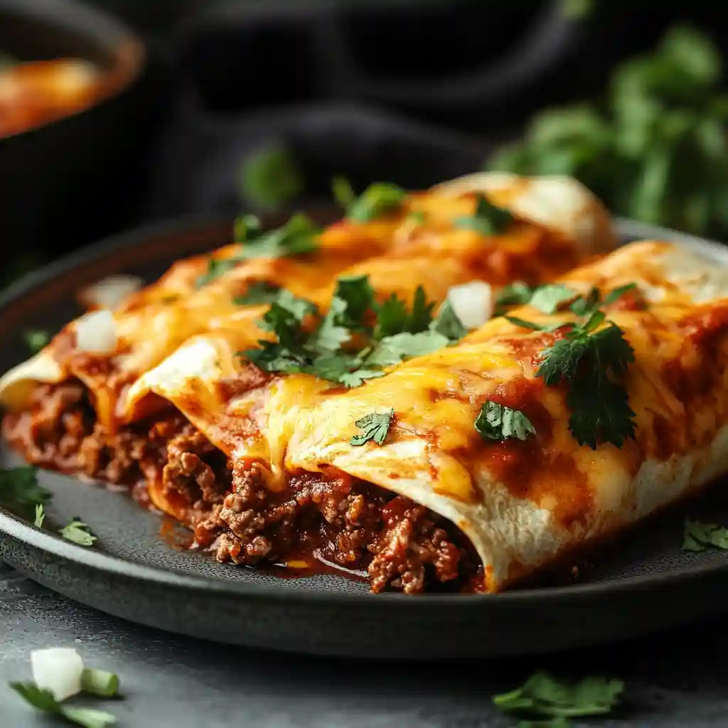 Close-up of cheesy beef enchiladas topped with sauce, onions, and cilantro on a dark plate.