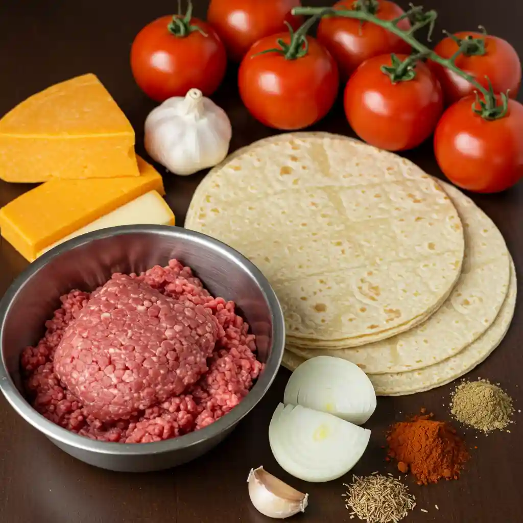 Ingredients for beef enchiladas including ground beef, tortillas, cheese, tomatoes, garlic, onion, and spices on a wooden surface.