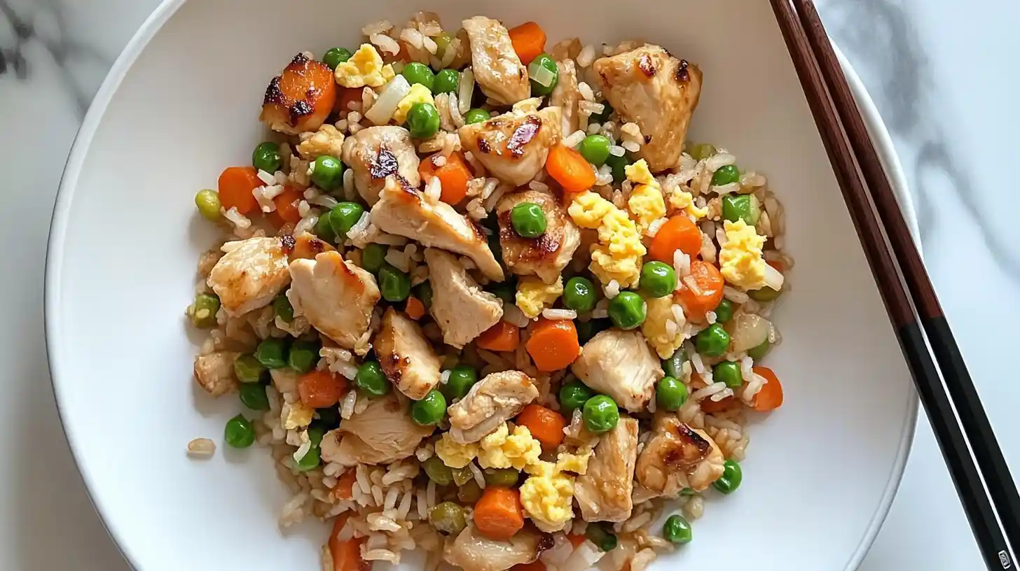 Top-down view of chicken fried rice with vegetables and scrambled egg in a white bowl with chopsticks.