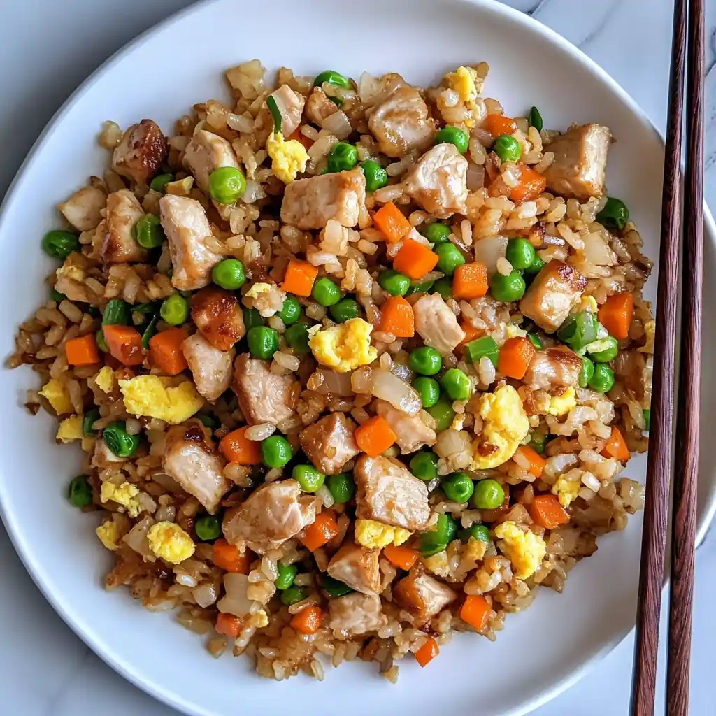 Top view of chicken fried rice with peas, carrots, egg, and soy sauce served on a white plate with chopsticks.