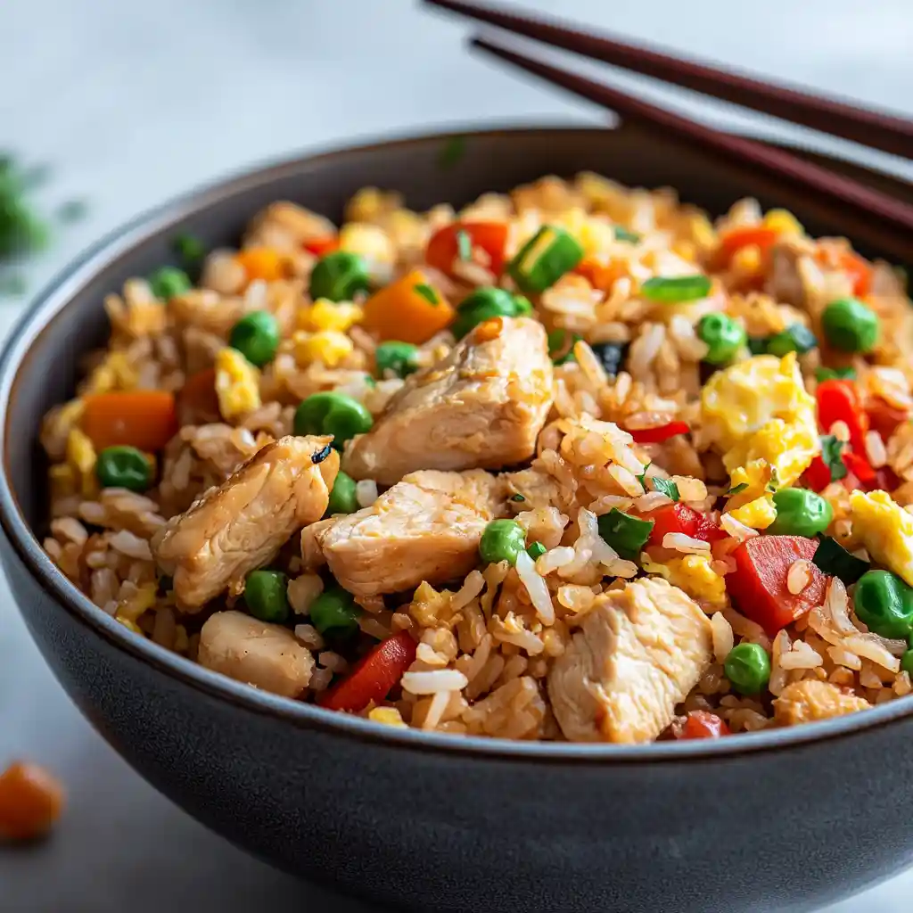 Close-up of chicken fried rice in a bowl with peas, carrots, scrambled eggs, and red bell peppers, served with chopsticks.