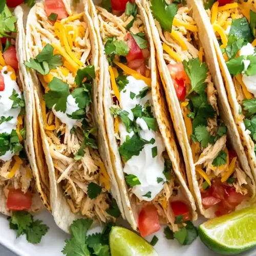 A plate of chicken tacos garnished with shredded cheese, diced tomatoes, sour cream, and fresh cilantro.