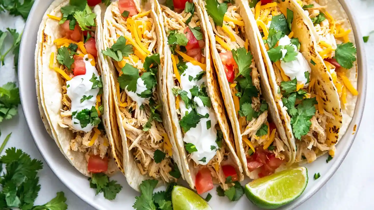 A plate of chicken tacos garnished with shredded cheese, diced tomatoes, sour cream, and fresh cilantro.