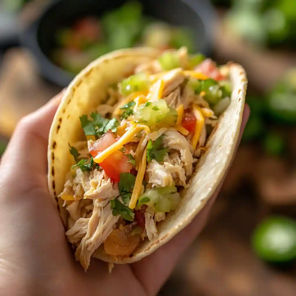 A close-up of a hand holding a chicken taco filled with shredded chicken, cheese, tomatoes, cilantro, and green salsa.