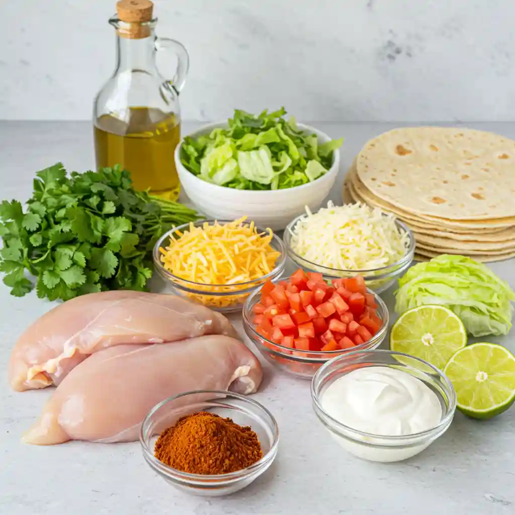 Ingredients for chicken tacos including raw chicken, spices, cheese, tomatoes, lettuce, sour cream, tortillas, limes, and cilantro.