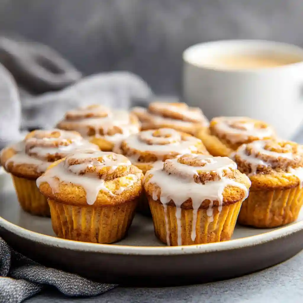 Side view of cinnamon roll muffins with icing on a ceramic plate