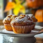 Freshly baked pumpkin muffins topped with powdered sugar on a ceramic cake stand.