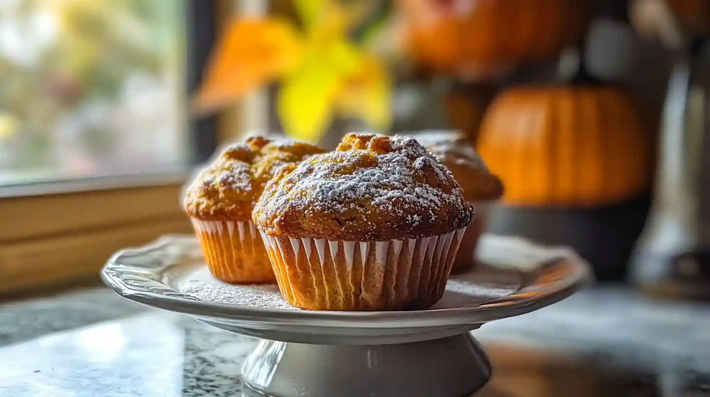 Freshly baked pumpkin muffins topped with powdered sugar on a ceramic cake stand.