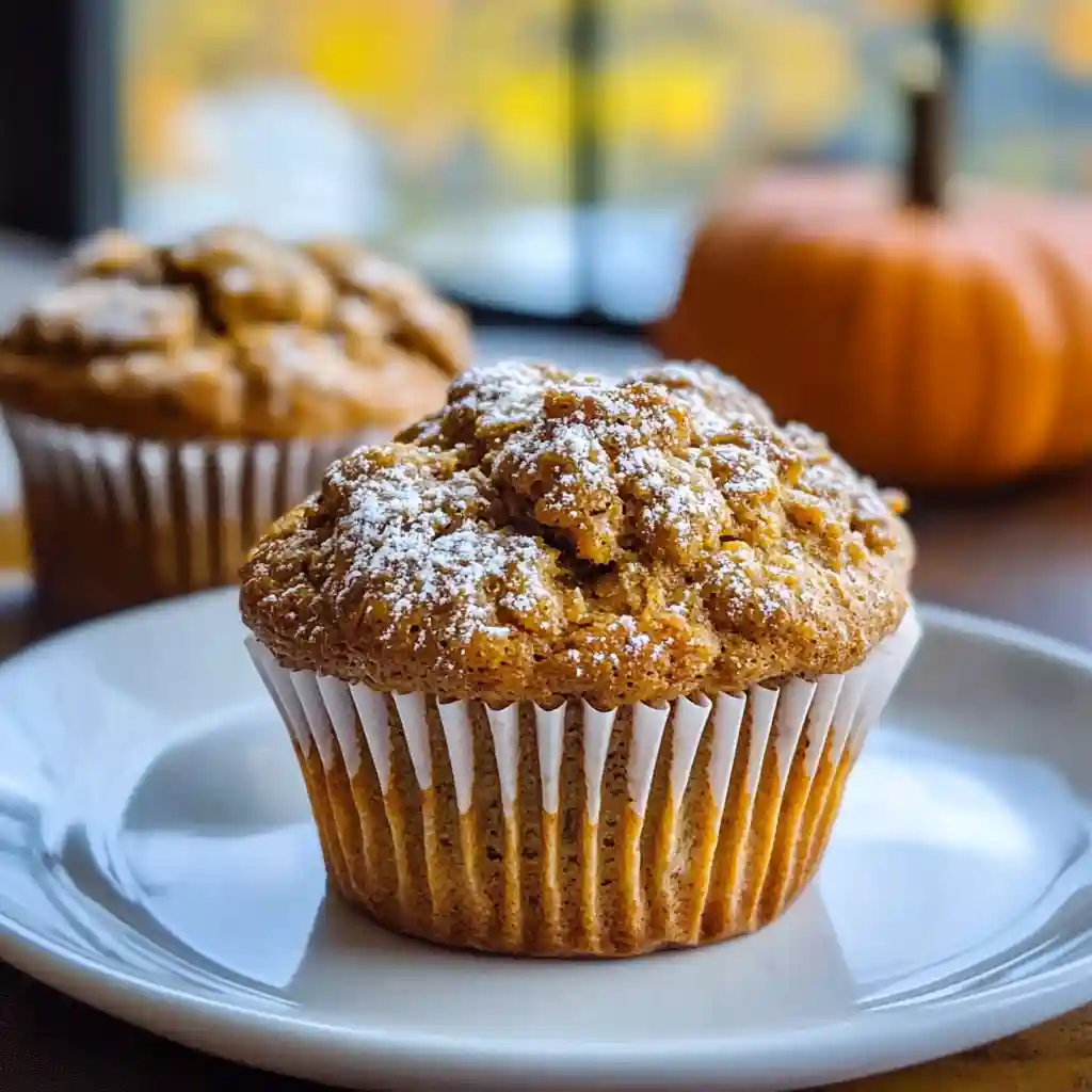 Pumpkin muffin with a crumbly top and powdered sugar on a white plate, with fall decor in the background.