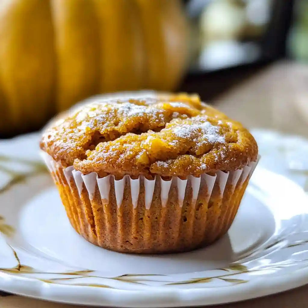 A single pumpkin muffin topped with powdered sugar on a decorative white plate.