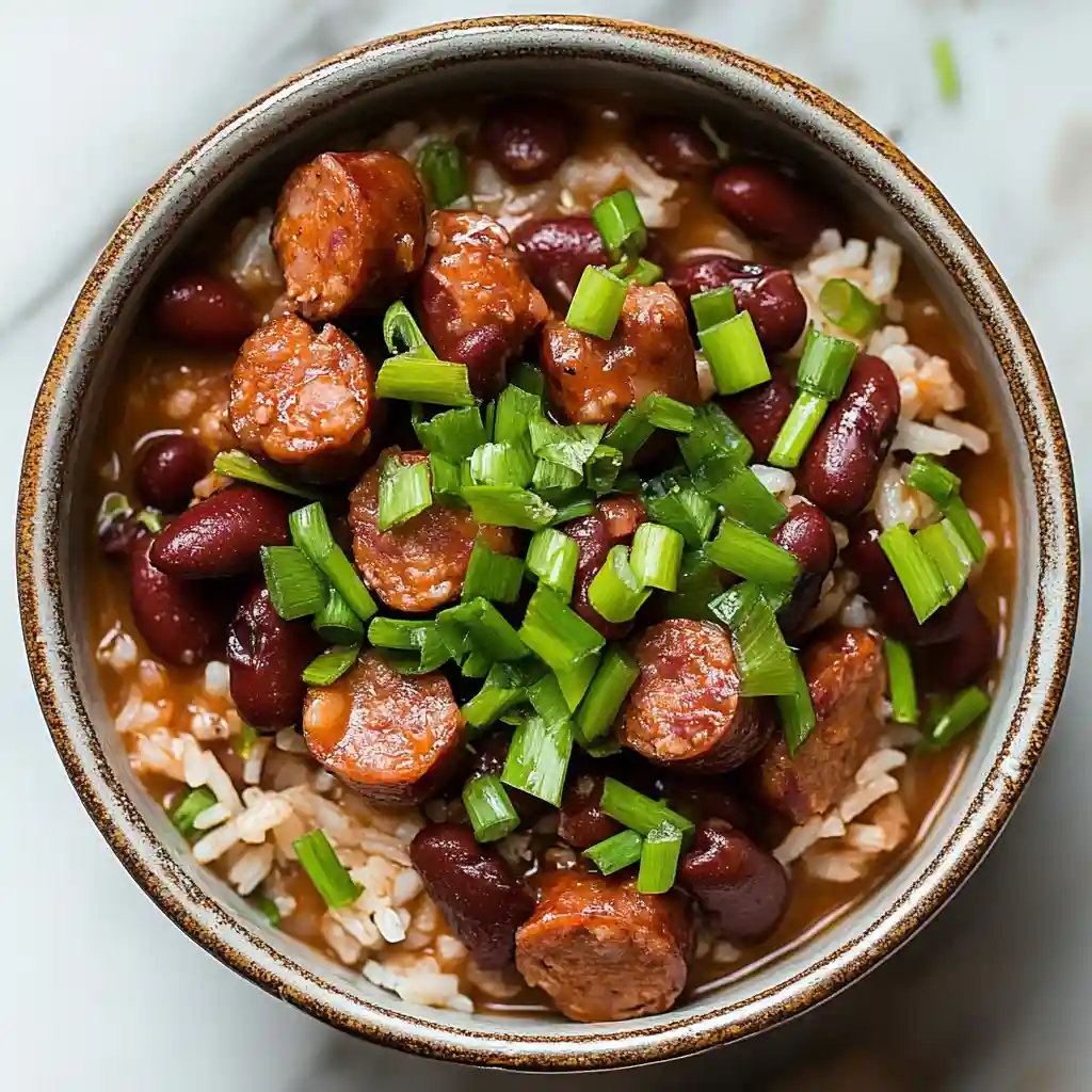 Red beans and rice topped with sausage slices and chopped green onions in a ceramic bowl.