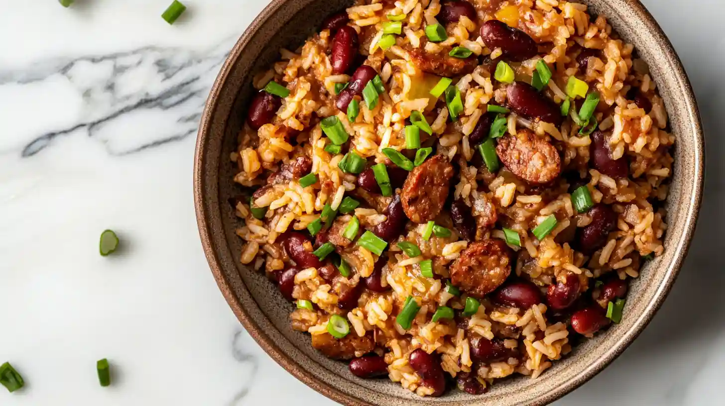 A bowl of red beans and rice with sausage and chopped green onions on a marble countertop.