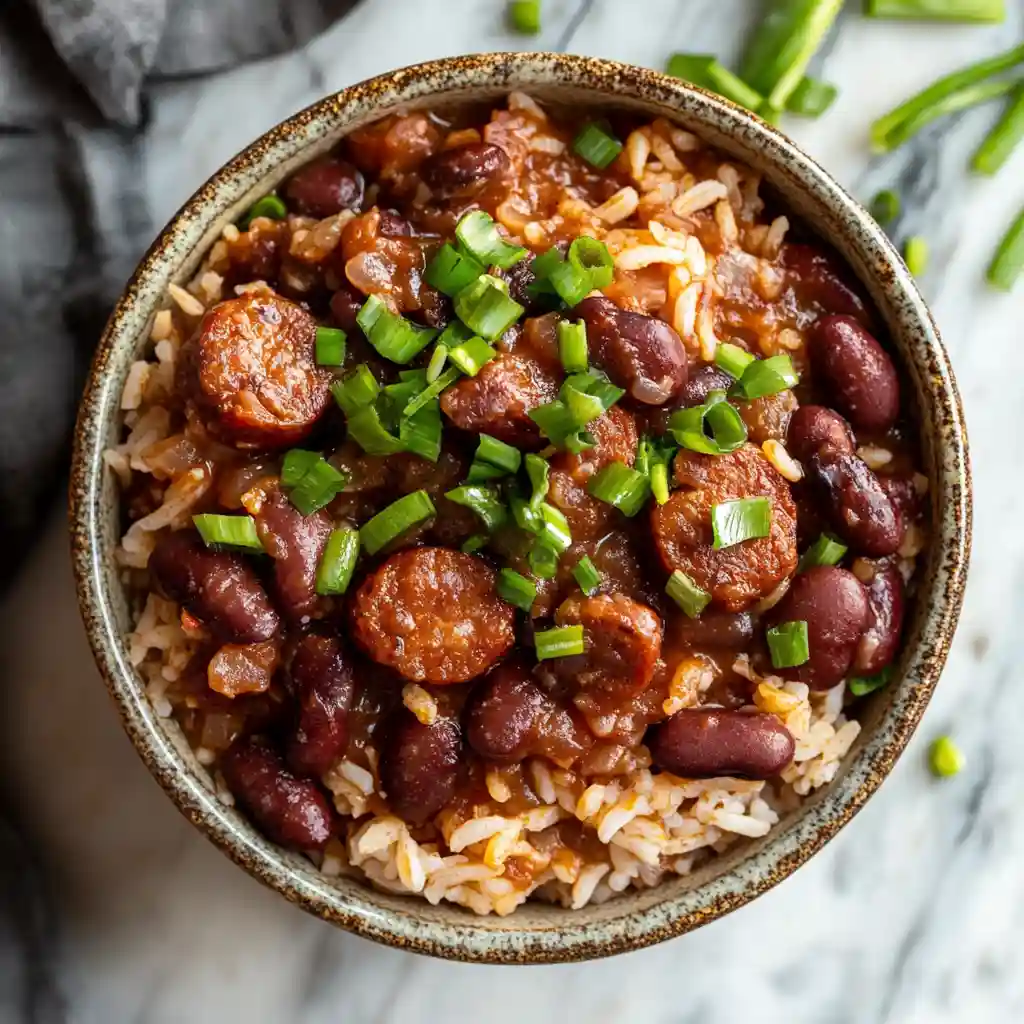 Bowl of red beans and rice topped with sausage slices and chopped green onions.
