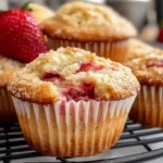Freshly baked strawberry muffins with sugar crystals on top, displayed on a cooling rack.