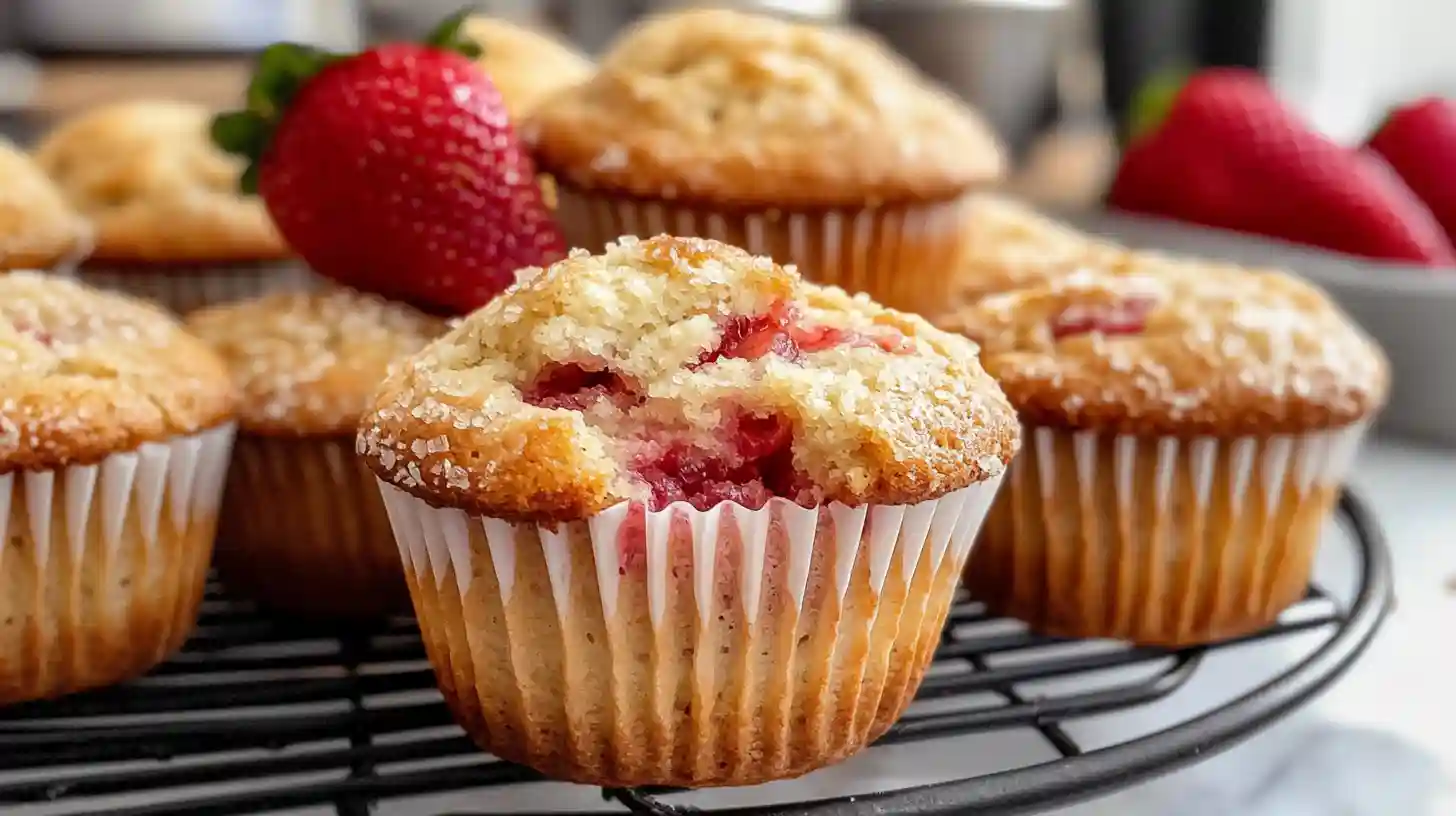 Freshly baked strawberry muffins with sugar crystals on top, displayed on a cooling rack.