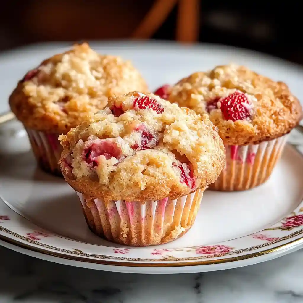 Freshly baked strawberry muffins on a floral china plate.