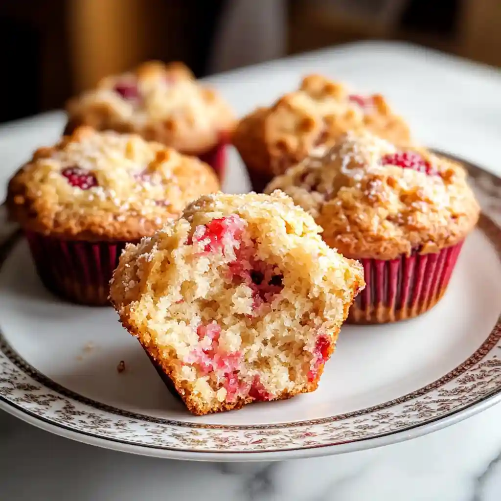 Strawberry muffins on a plate, one with a bite showing moist interior.