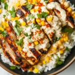 A top-down view of a street corn chicken rice bowl with grilled chicken, white rice, corn, creamy sauce, cilantro, and spices.