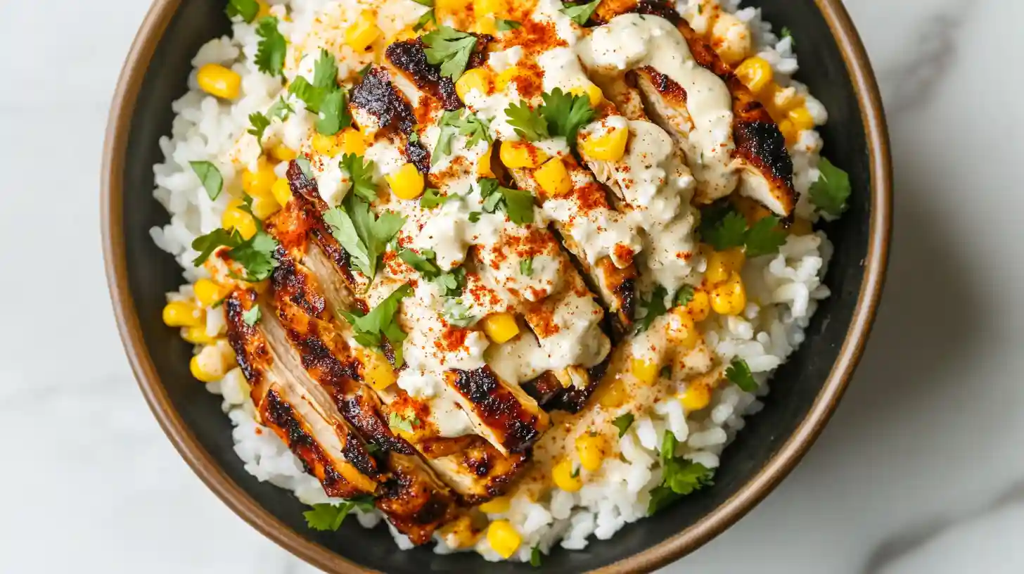 A top-down view of a street corn chicken rice bowl with grilled chicken, white rice, corn, creamy sauce, cilantro, and spices.