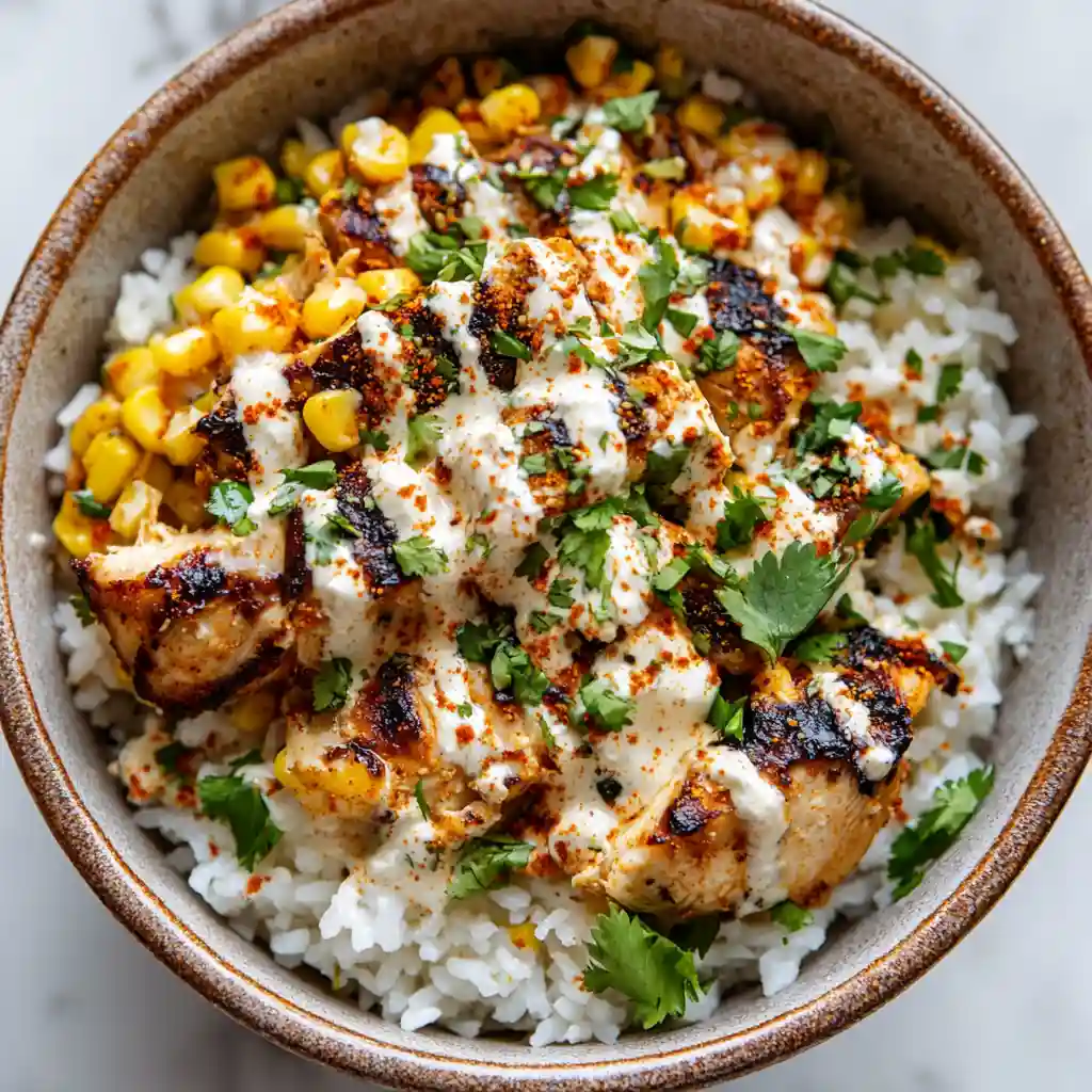 Street corn chicken rice bowl topped with grilled chicken, charred corn, creamy sauce, cilantro, and spices over white rice.