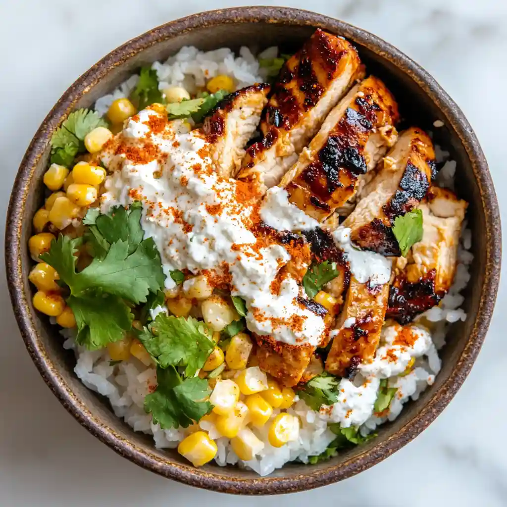 A vibrant bowl of grilled chicken over rice, topped with roasted corn, creamy sauce, cilantro, and chili powder.